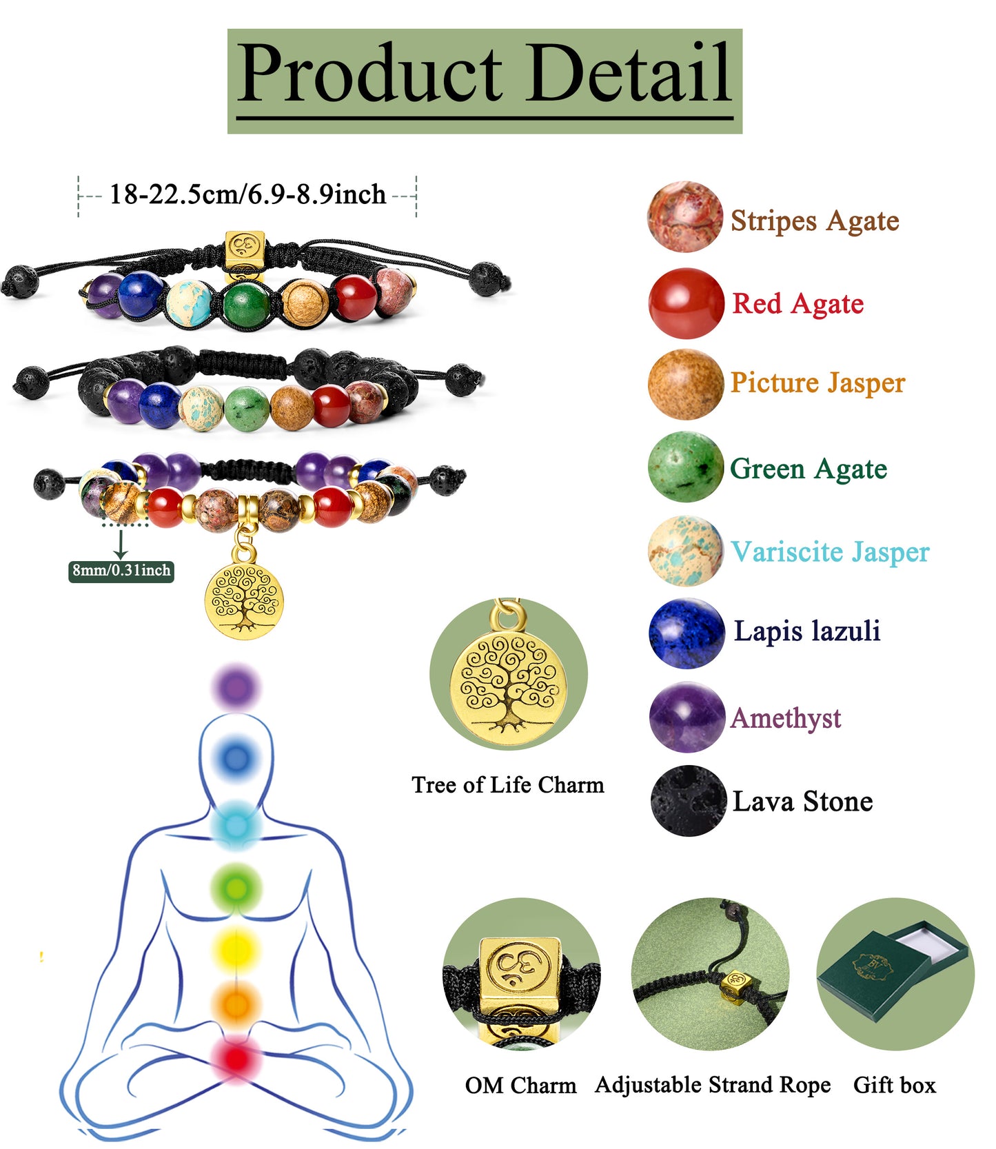 8mm Chakra Bead Bracelets for Women