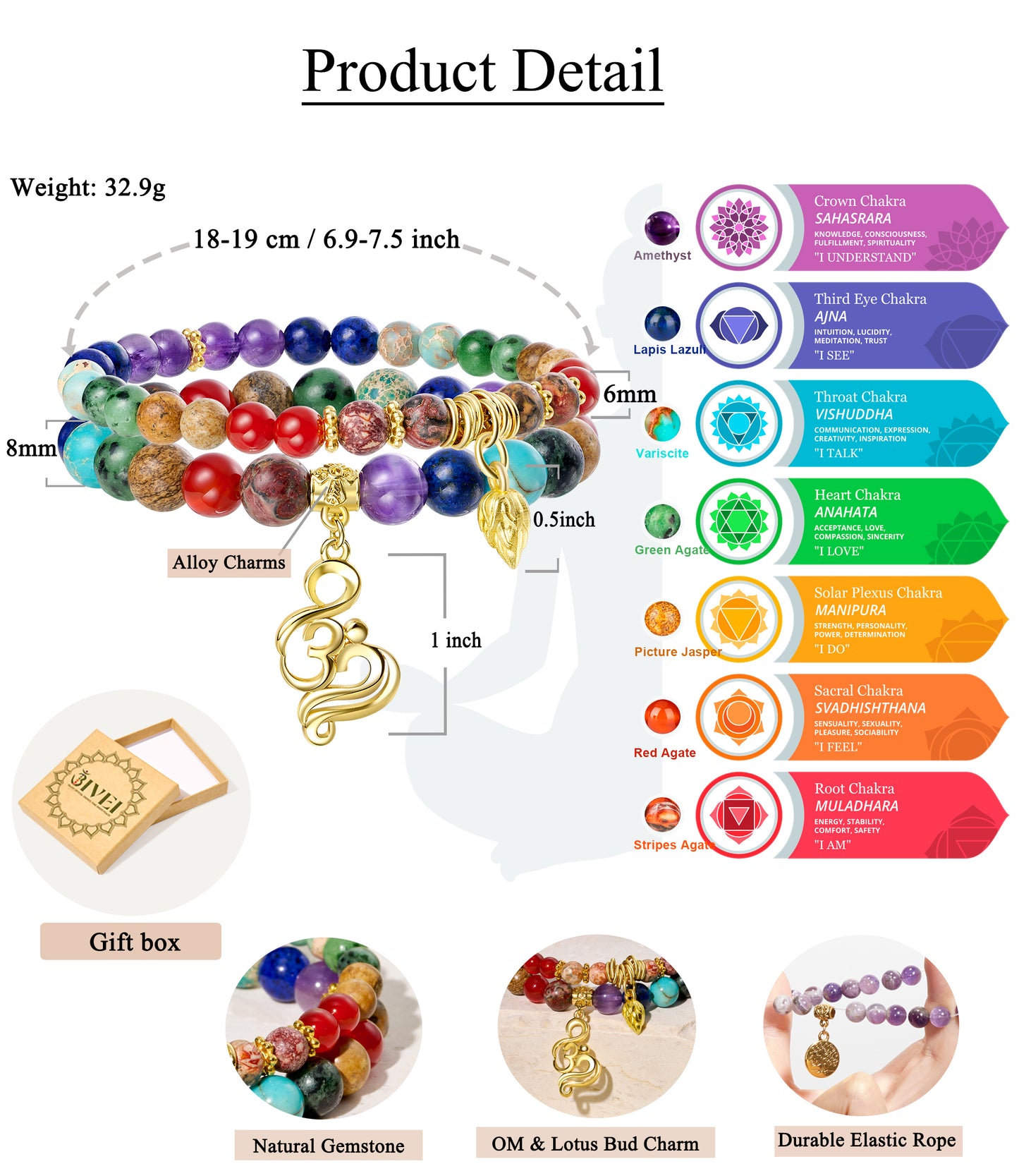 Natural Gemstone Energy Reiki Crystal Stretch Bracelets