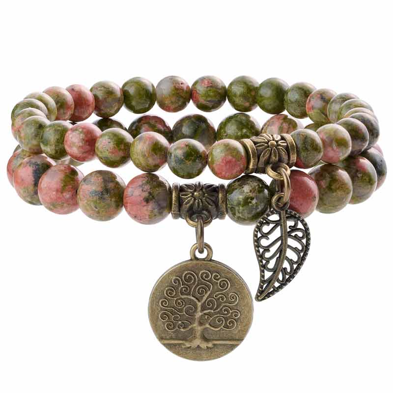 Life Tree and Leaf Charm Energy Reiki Crystal Stretch Bracelets
