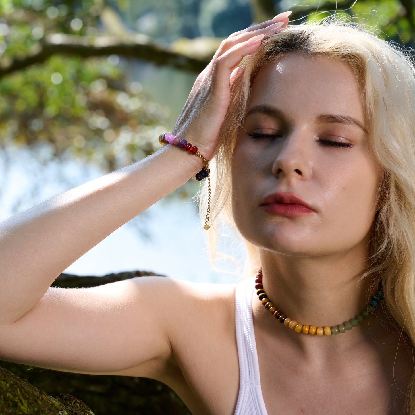 Bivei Boho Natural Gemstone Choker Necklace & Bracelets Set