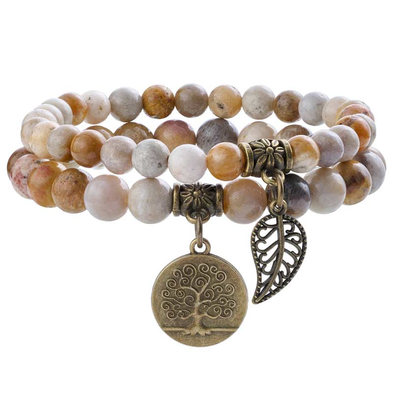 Life Tree and Leaf Charm Energy Reiki Crystal Stretch Bracelets