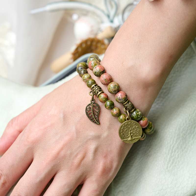 Life Tree and Leaf Charm Energy Reiki Crystal Stretch Bracelets