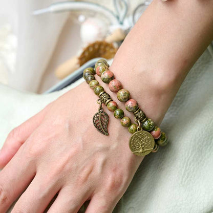 Life Tree and Leaf Charm Energy Reiki Crystal Stretch Bracelets