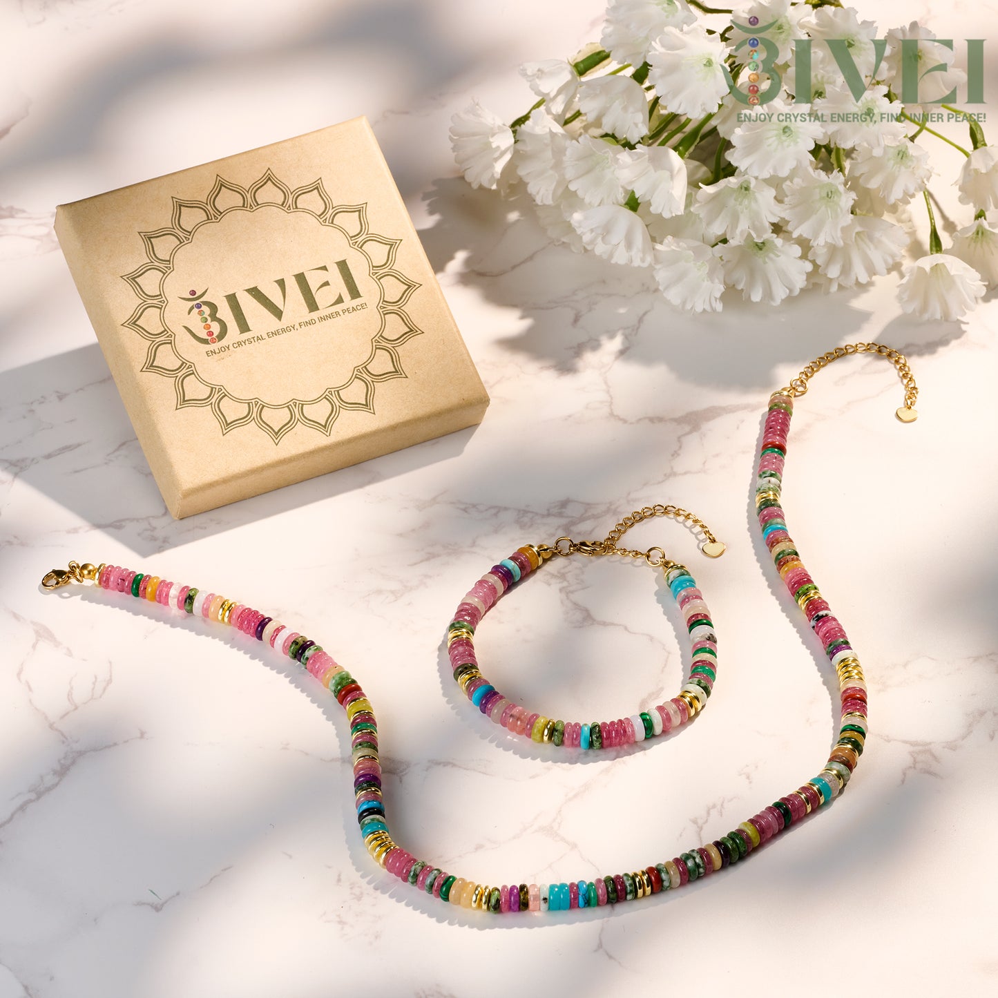 Bivei Boho Natural Gemstone Choker Necklace & Bracelets Set