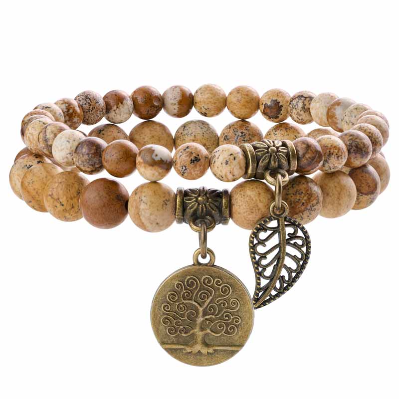 Life Tree and Leaf Charm Energy Reiki Crystal Stretch Bracelets