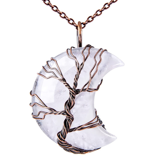 Tree Of Life 7 Chakra Moon Pendant Necklace – Wire Wrapped, Stainless Steel, 20cm, Silver (Gemstone Accents)