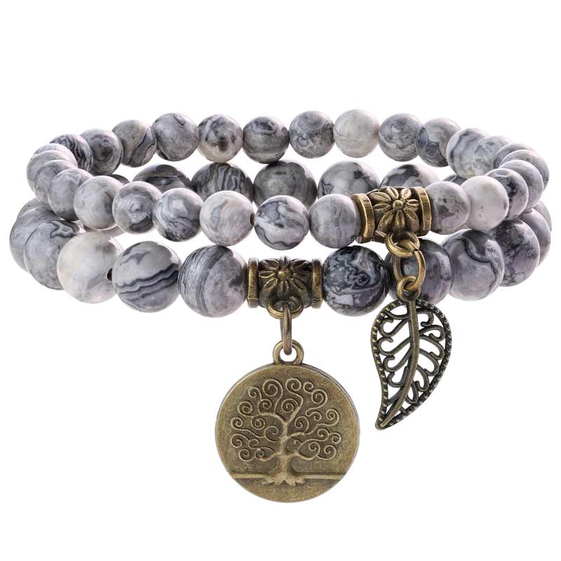 Life Tree and Leaf Charm Energy Reiki Crystal Stretch Bracelets